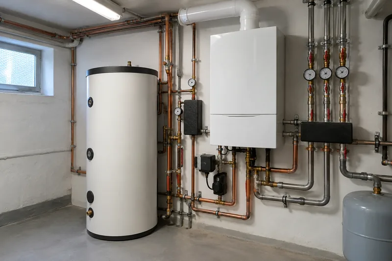 Gasheizung Berlin: neu installierte Gas-Brennwertheizung mit Pufferspeicher im Keller
