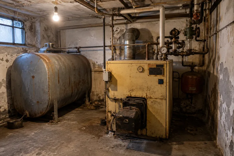 Heizungstausch Berlin: alter Ölkessel mit Stahltank im Keller vor dem Heizungstausch