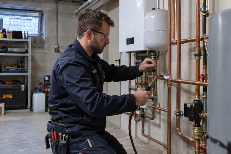 Monteur verrohrt eine neue Heizungsanlage in einem Berliner Keller