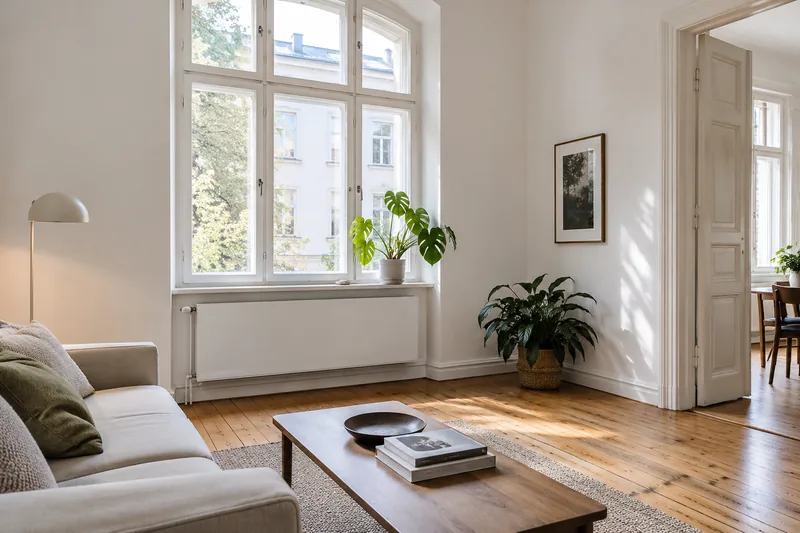 Wärmepumpe Altbau Berlin: flacher Niedertemperatur-Heizkörper unter dem Fenster eines Altbau-Wohnzimmers