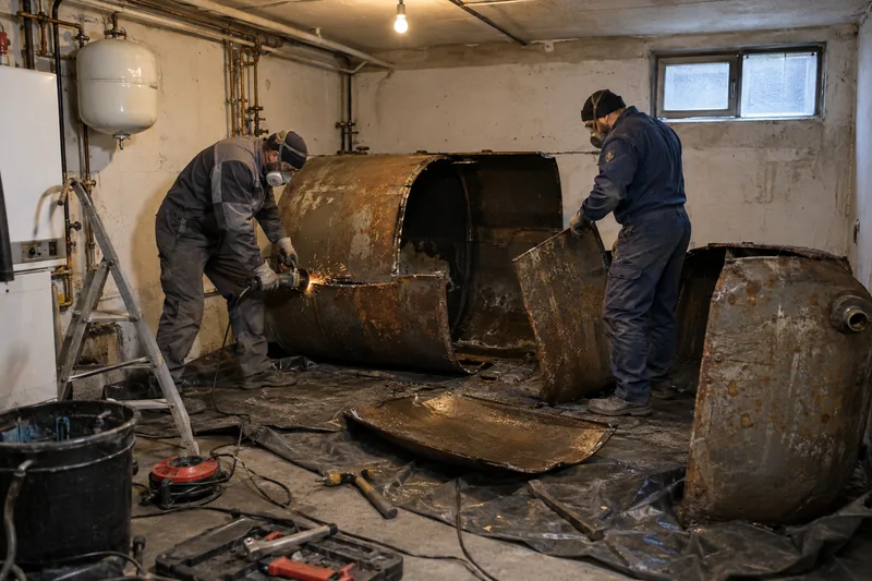 Ölheizung ersetzen Berlin: Demontage eines alten Stahl-Öltanks im Keller